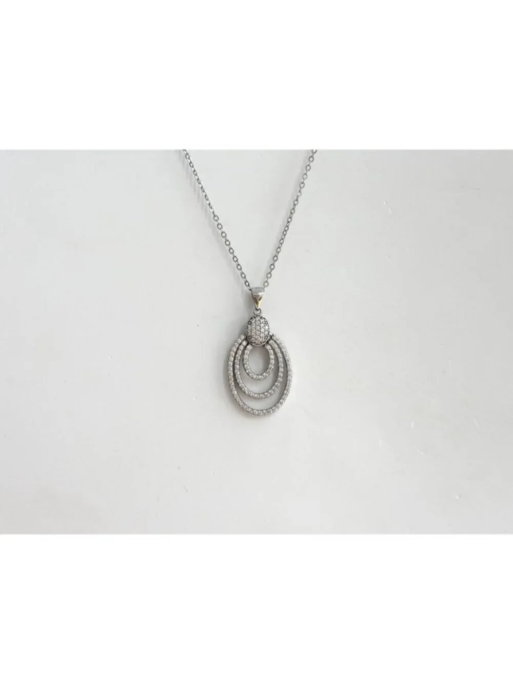Triple Oval Sterling Silver Pave Bridal 925 Vintage Pendant Necklace - 18